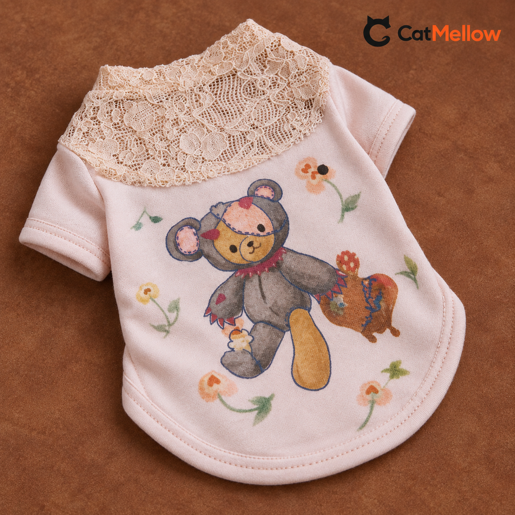 Pink teddy bear garment laid flat, back detail