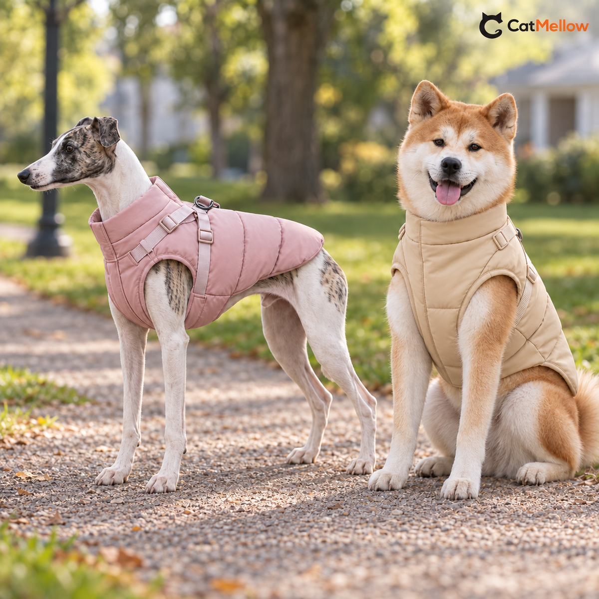 Whippet in a blush pink padded vest and Akita in a cream yellow padded vest in a park.