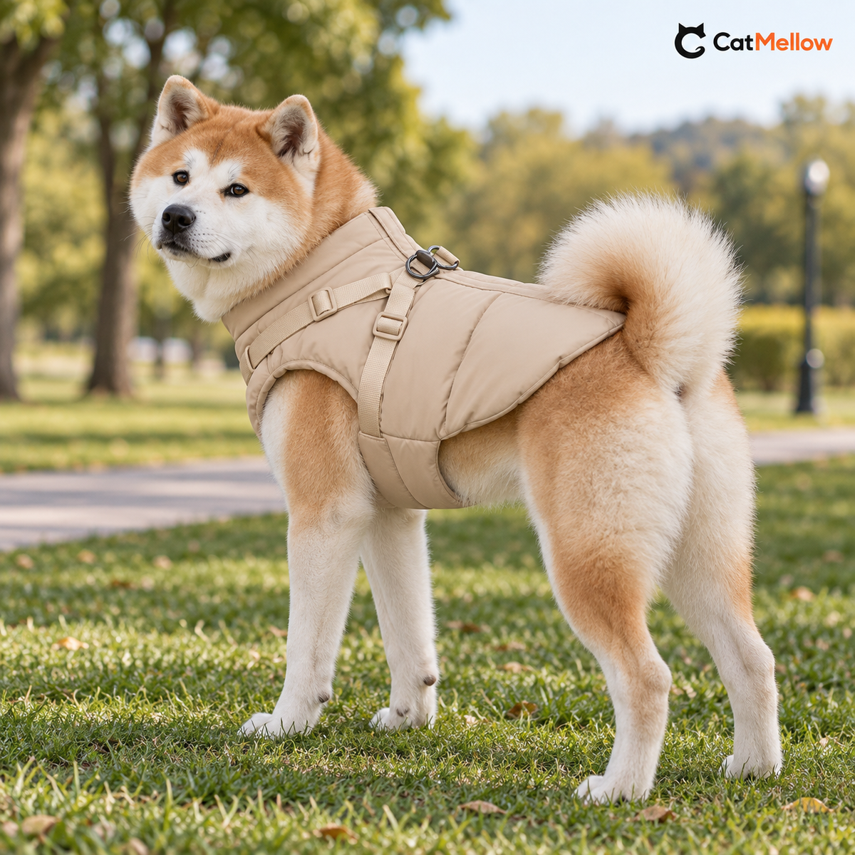 Akita wearing a cream yellow quilted dog vest.