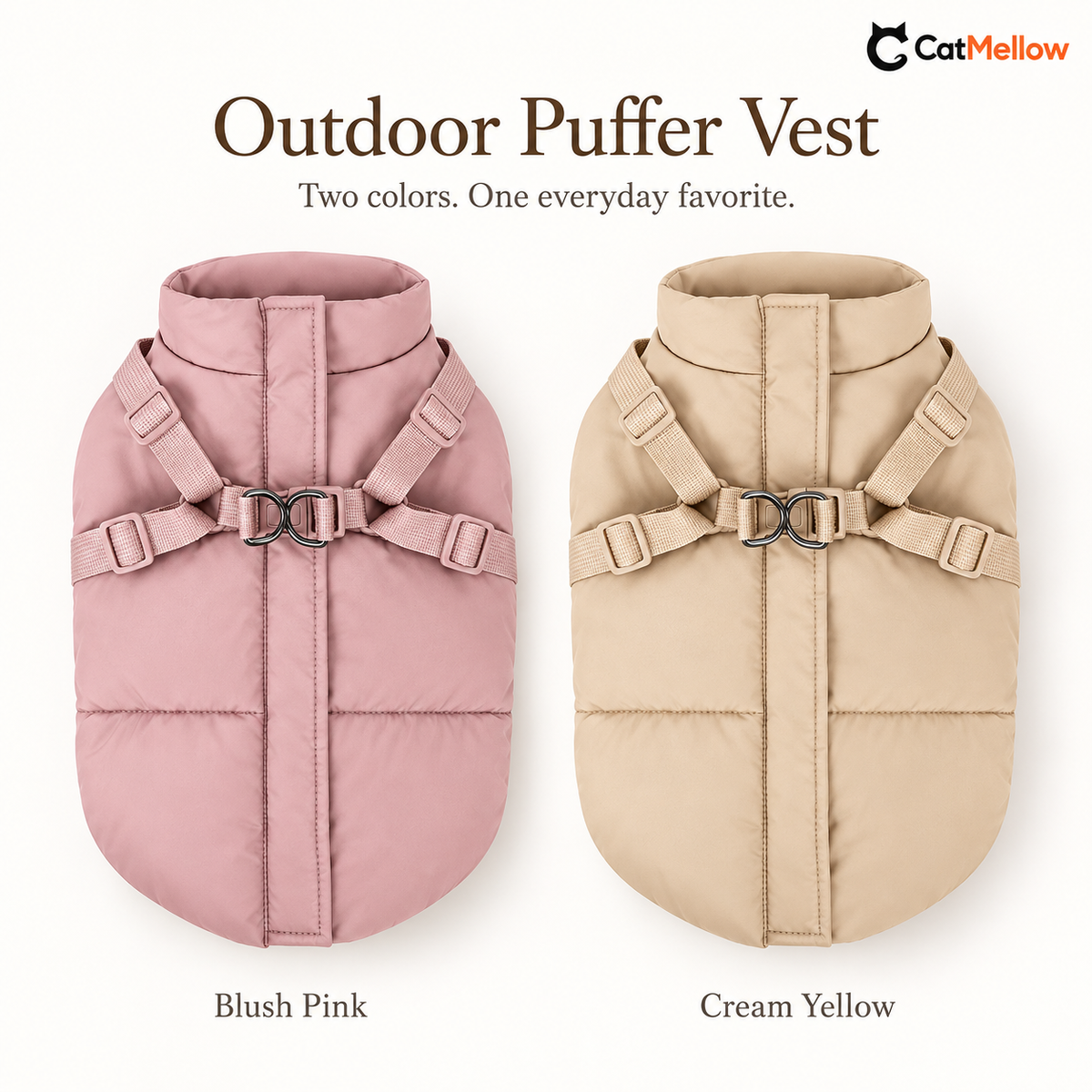 Blush pink and cream yellow dog vests with integrated adjustable harnesses.