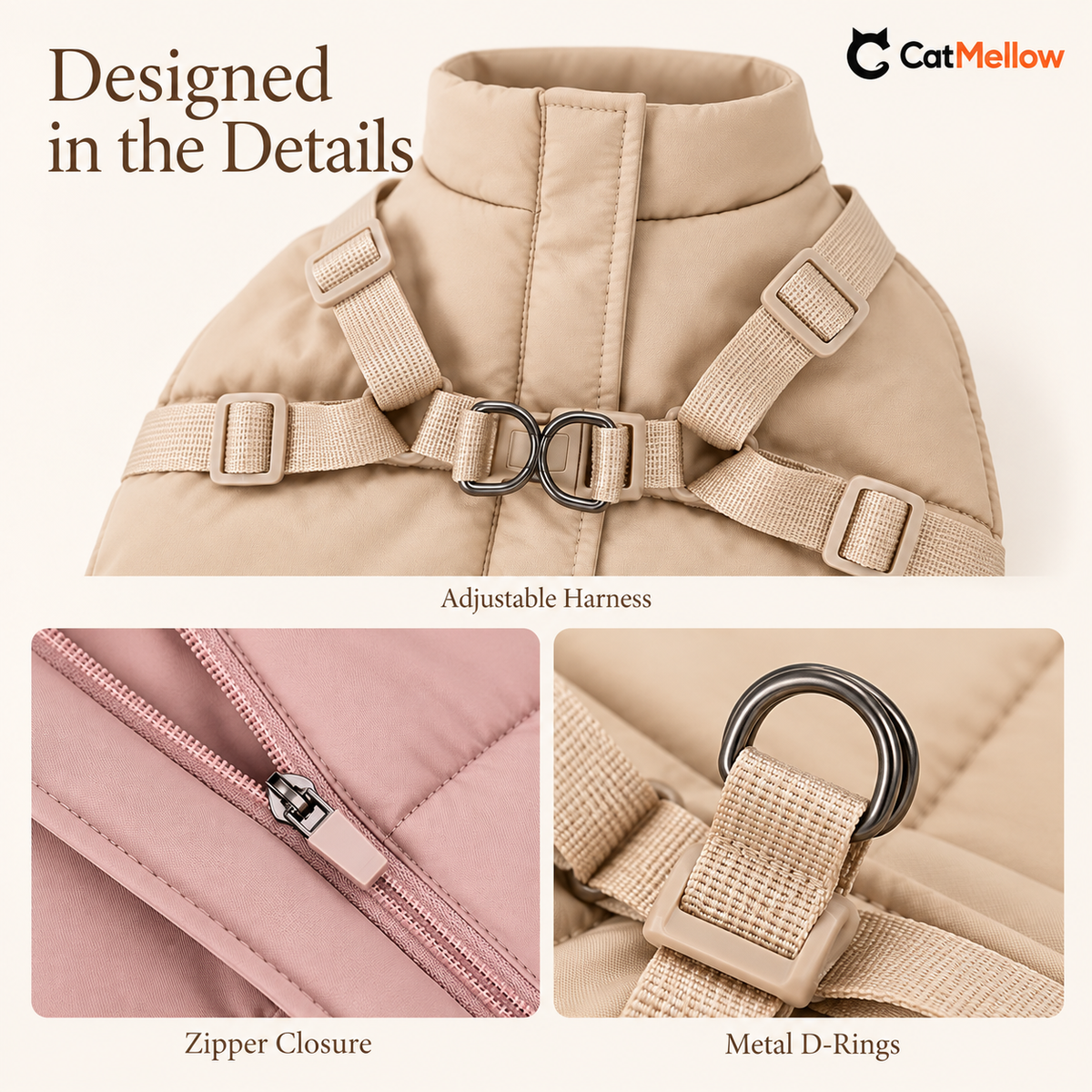 Adjustable straps, zipper closure and metal D-ring details.