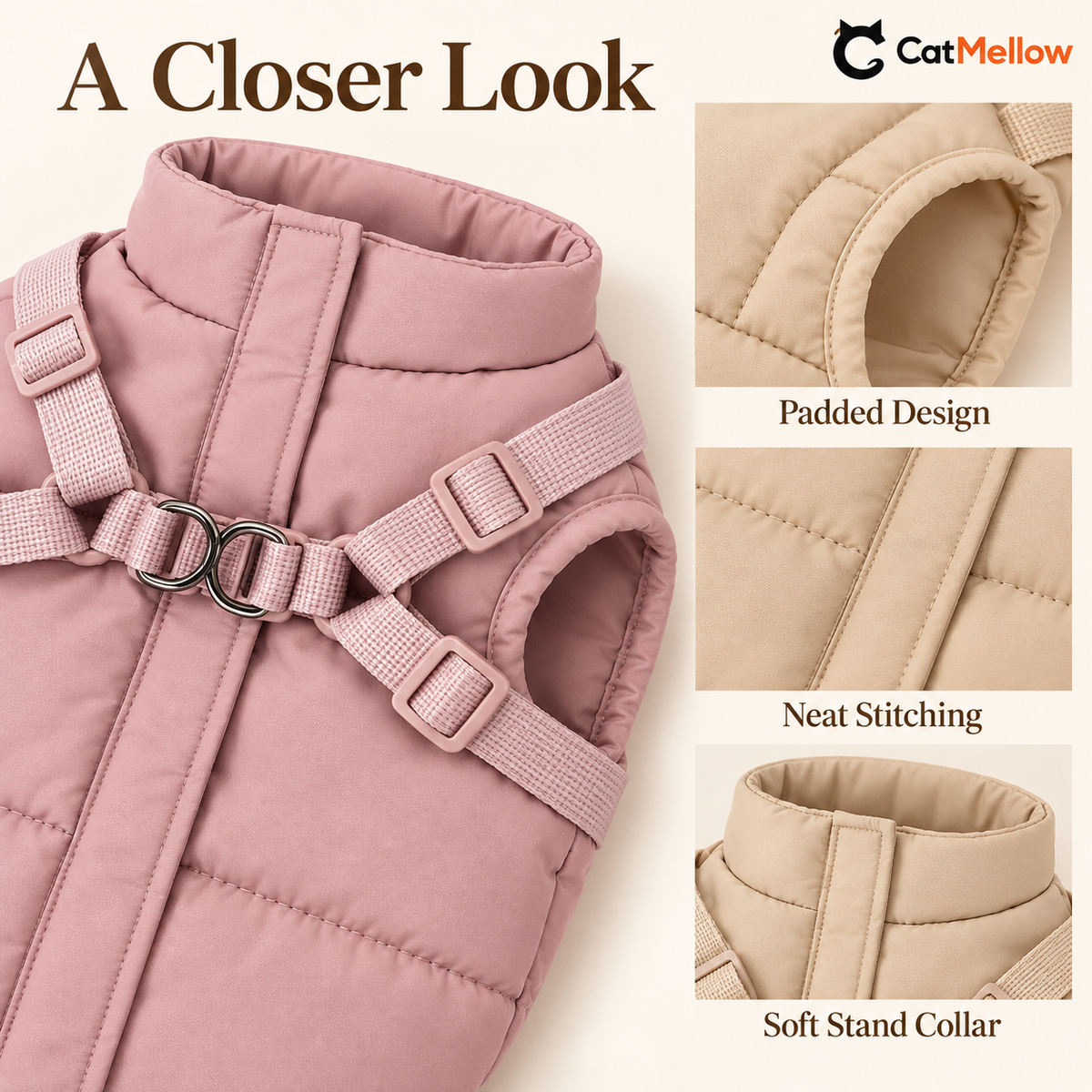 Padded collar, armhole edging and stitching details.