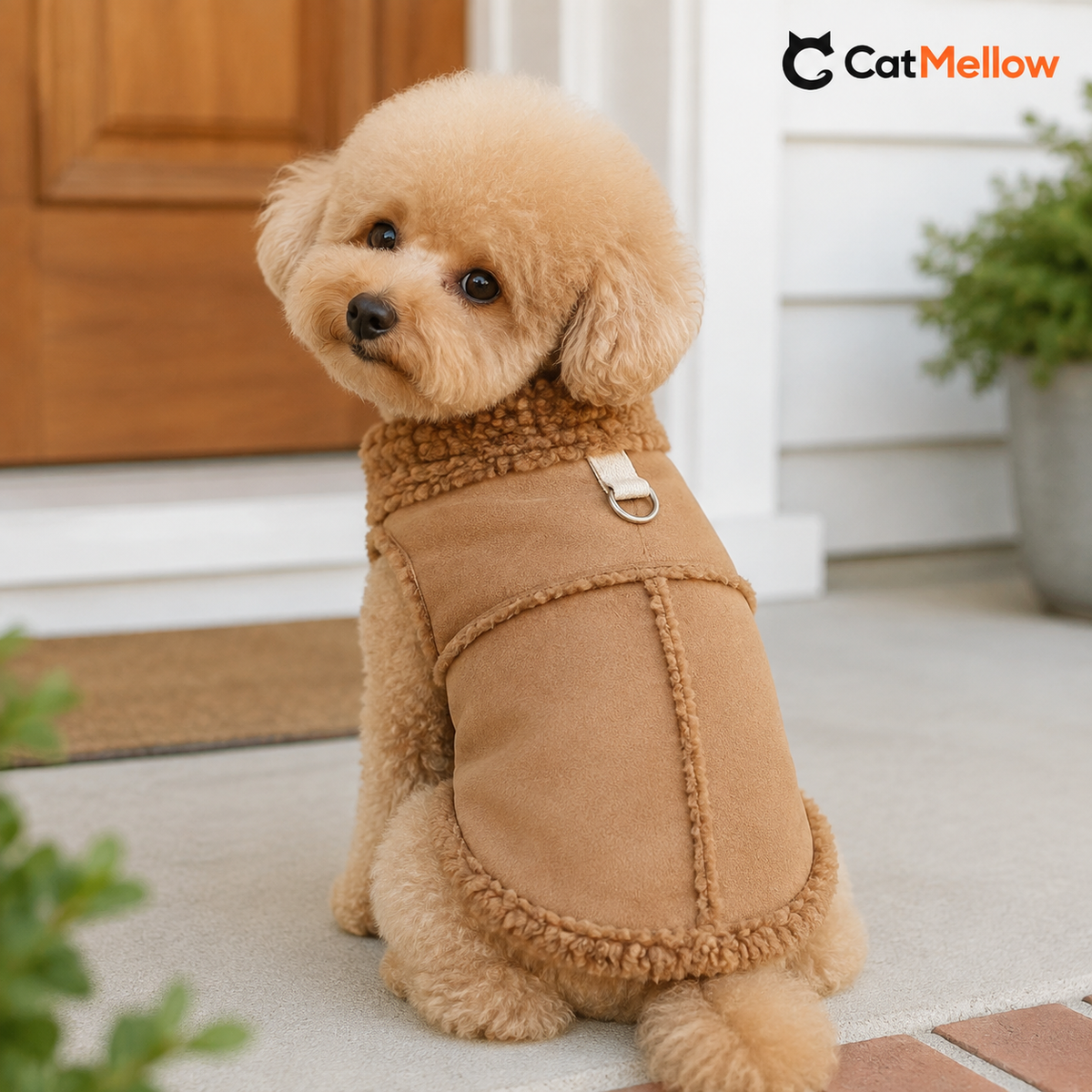 Apricot toy poodle wearing a brown sherpa-trim dog vest on a house porch.