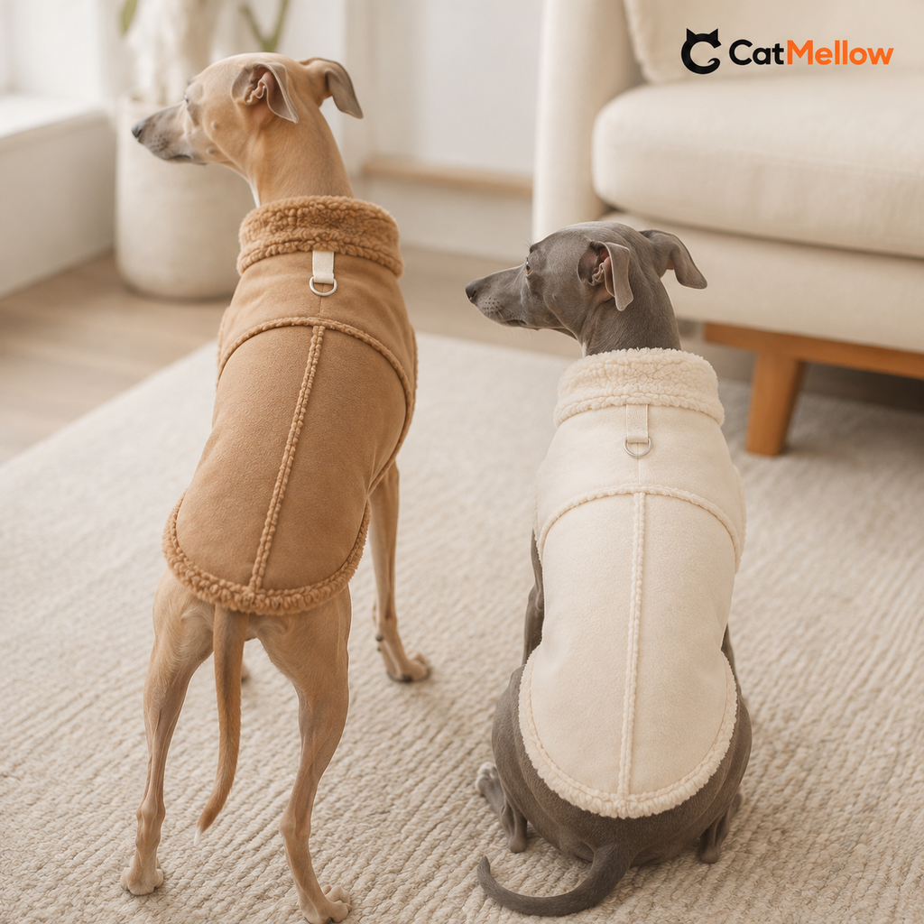 Two Italian greyhounds wearing brown and white sherpa-trim dog vests in a living room.
