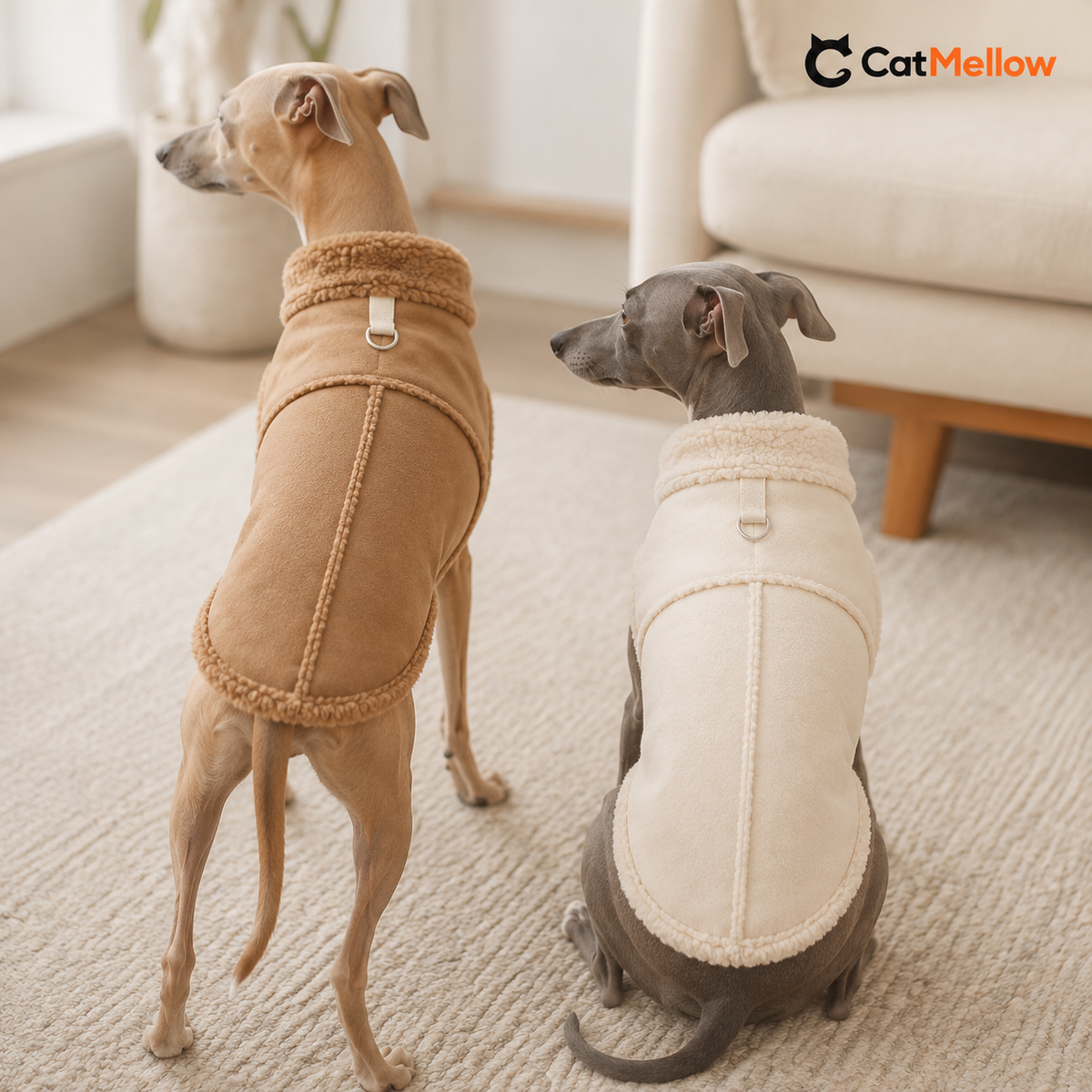 Two Italian greyhounds wearing brown and white sherpa-trim dog vests in a living room.