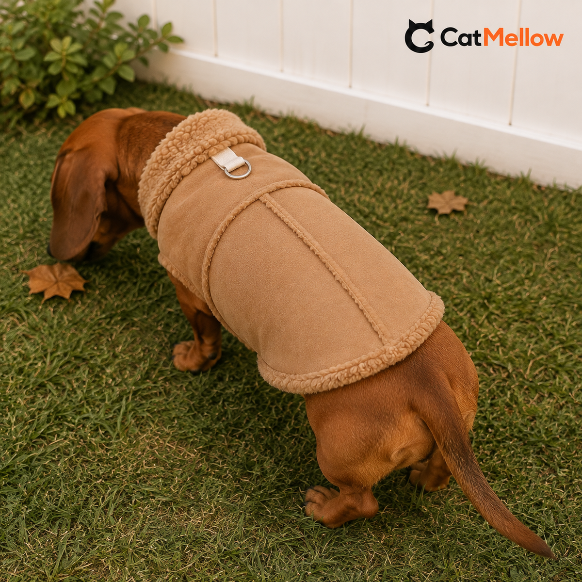 Dachshund wearing a brown sherpa-trim dog vest in a backyard.