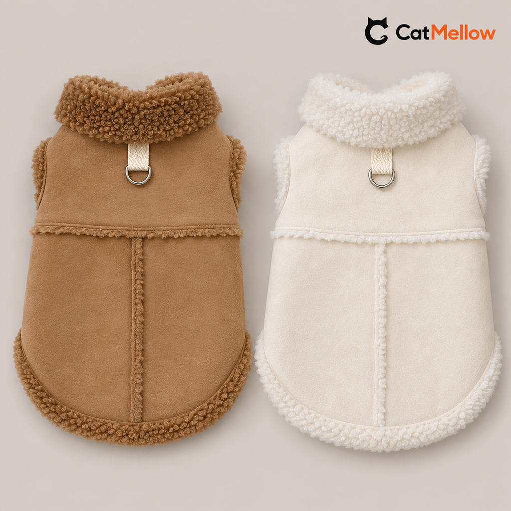 Brown and white dog vests with sherpa collars and a central back seam.