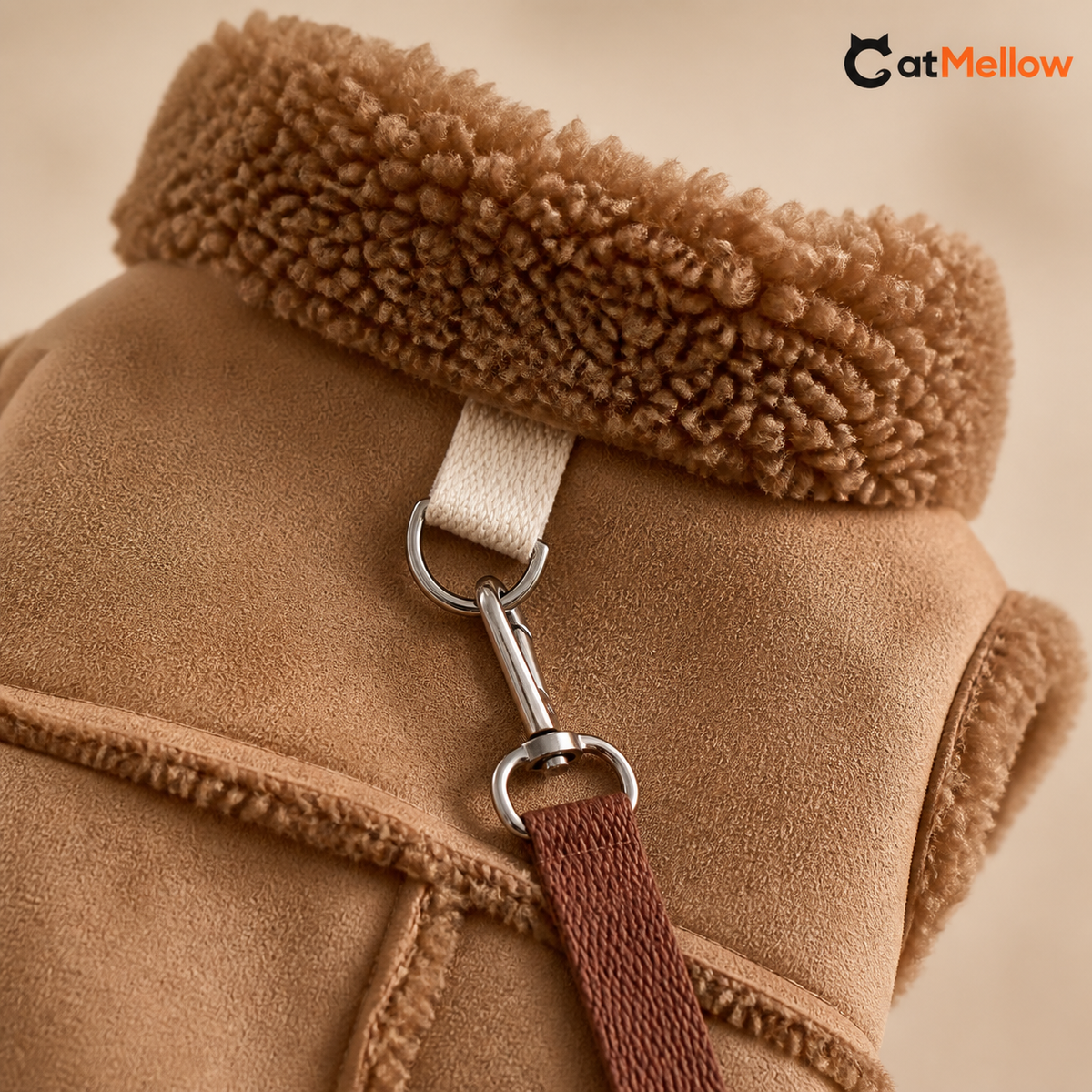 Brown dog vest collar and D-ring detail; leash shown is not included.