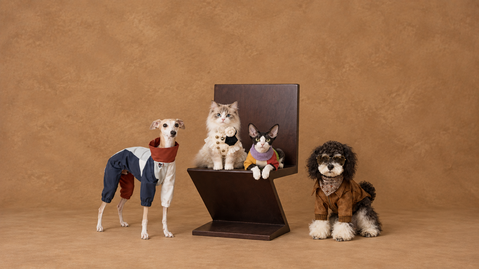Two cats and two dogs wearing CatMellow clothing on a warm tan studio set