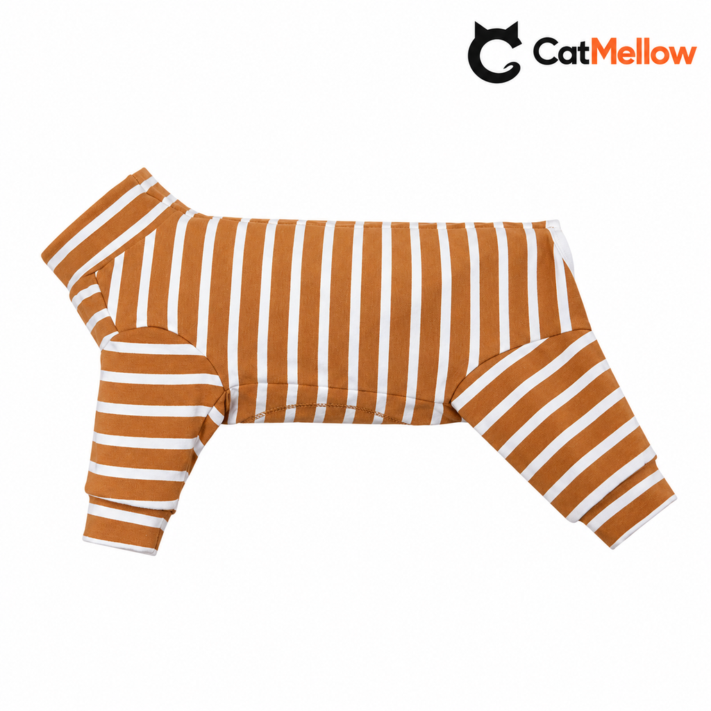 Yellow and white striped high-neck four-leg dog onesie.