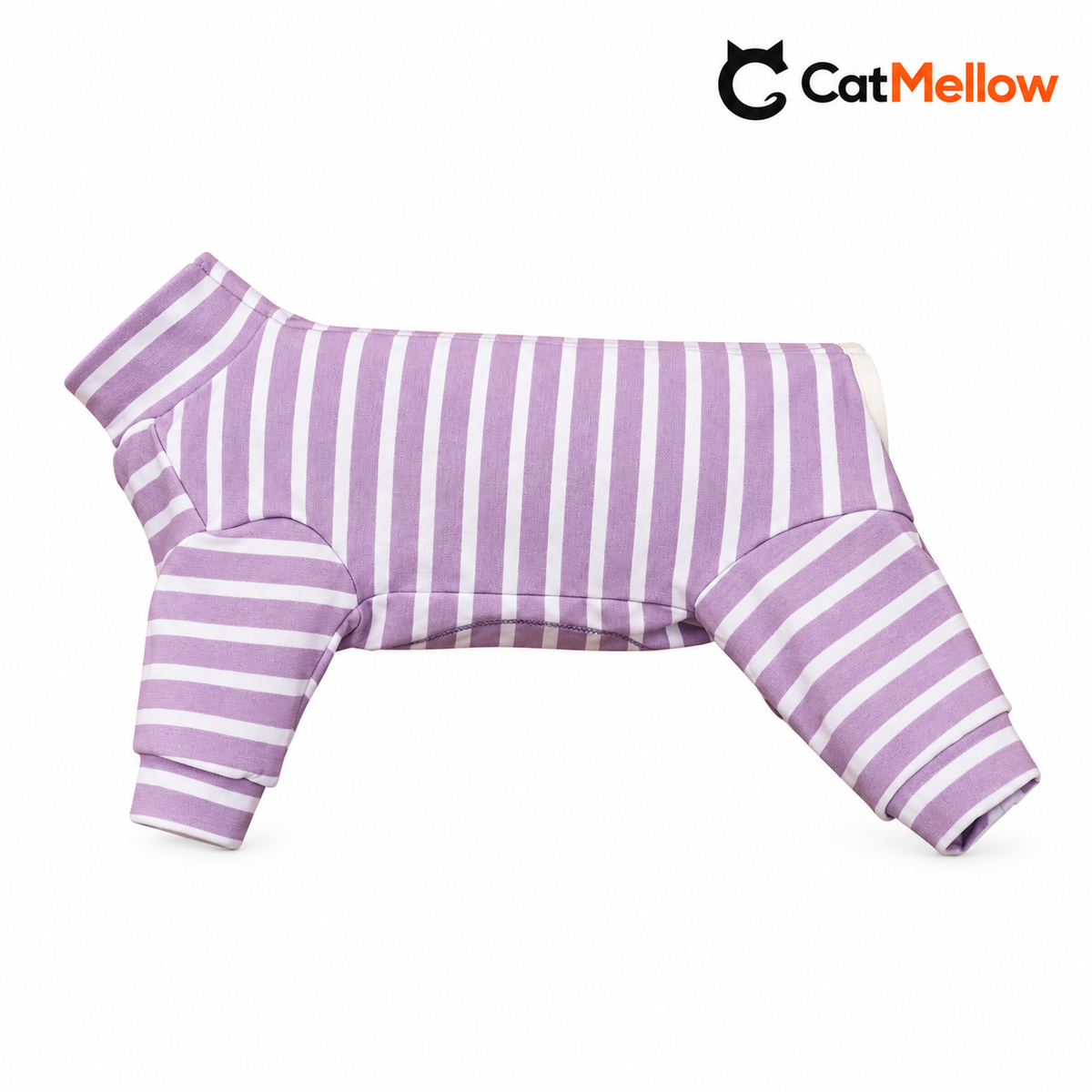 Lavender and white striped high-neck four-leg dog onesie.