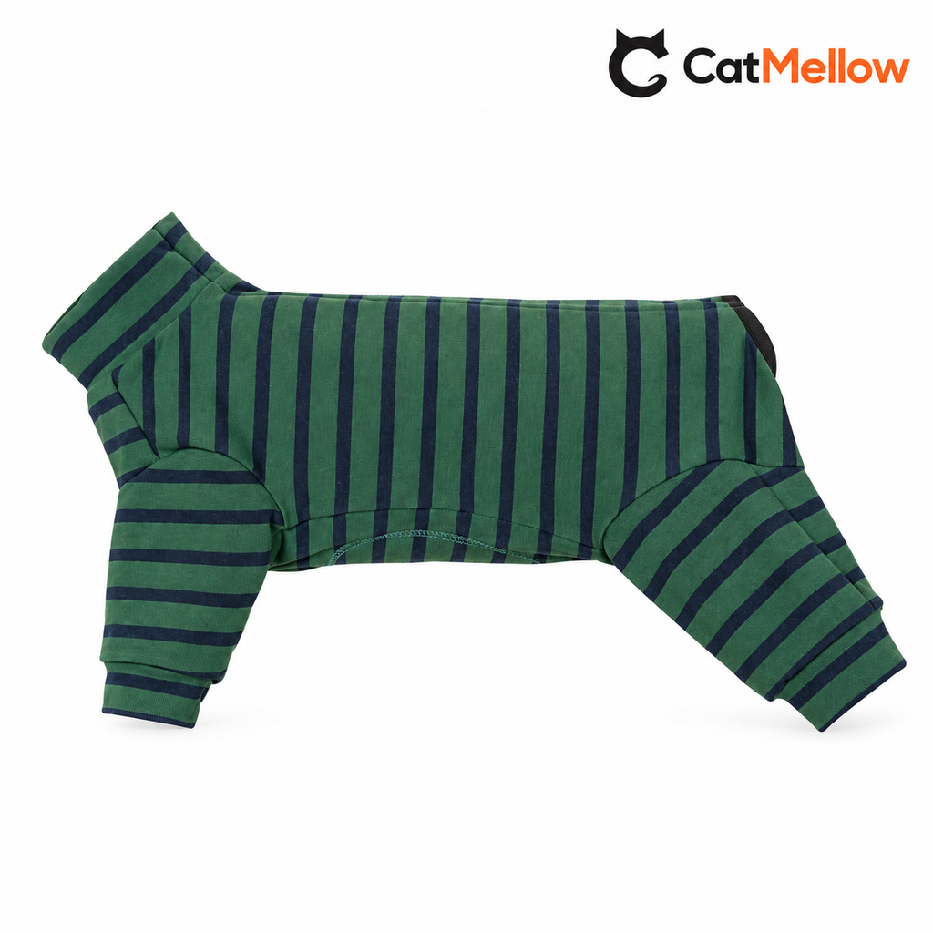 Forest green and navy striped high-neck four-leg dog onesie.