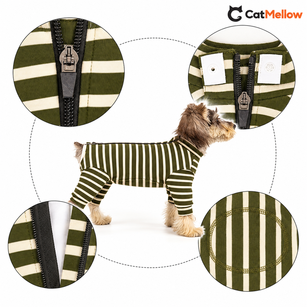 Back zipper, collar snaps, inner guard and belly panel construction details.