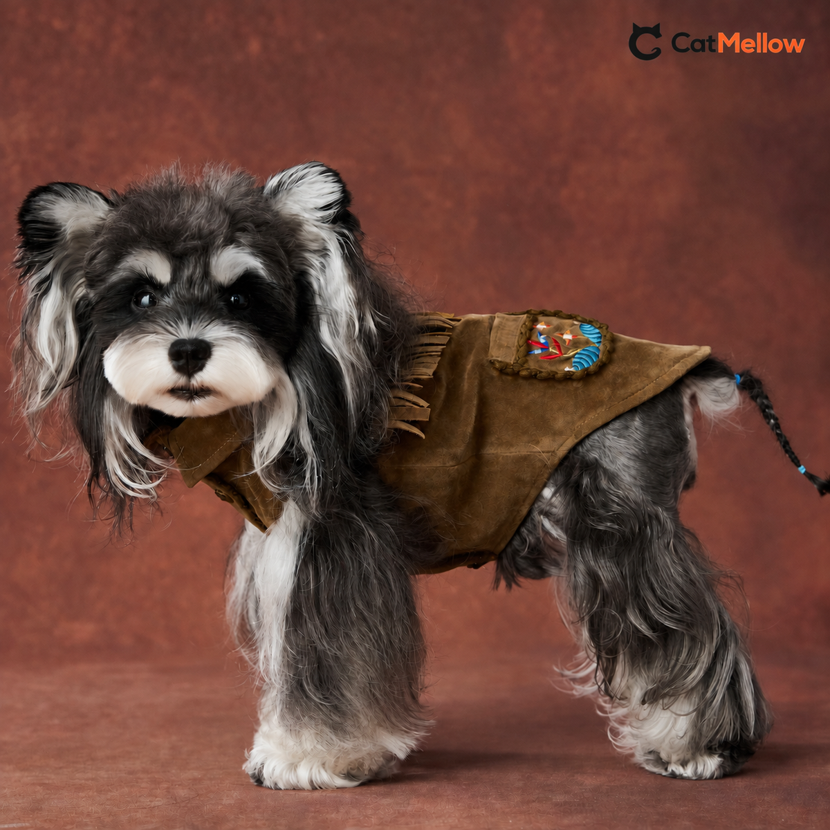 Side view of a dog wearing the brown embroidered fringe vest