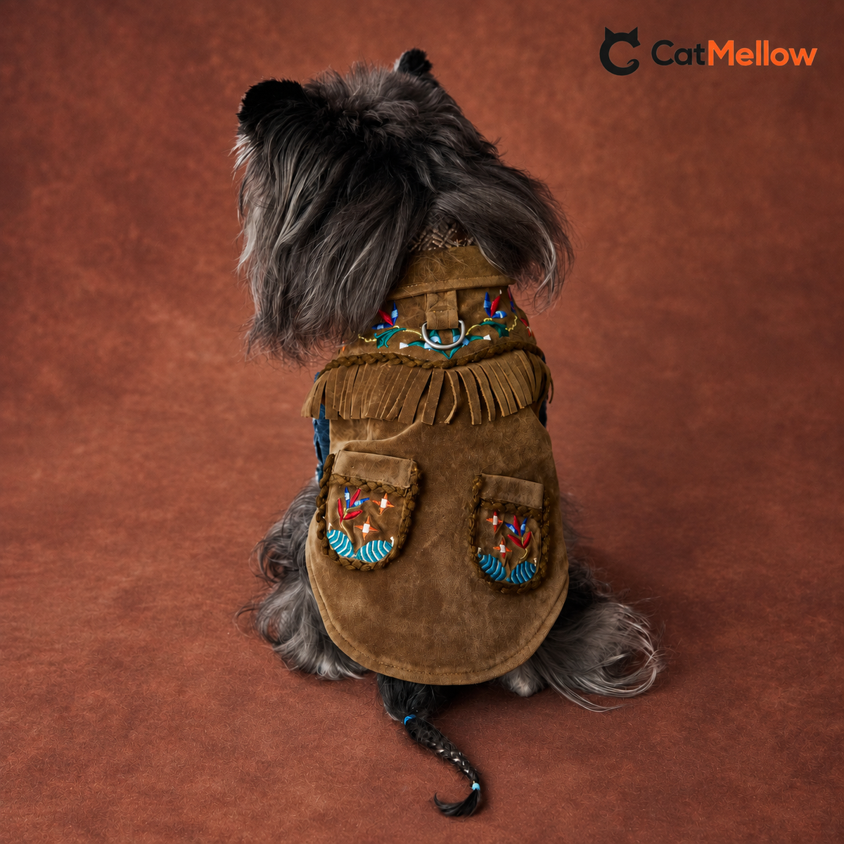 Rear view showing embroidered pockets and fringe on the brown dog vest
