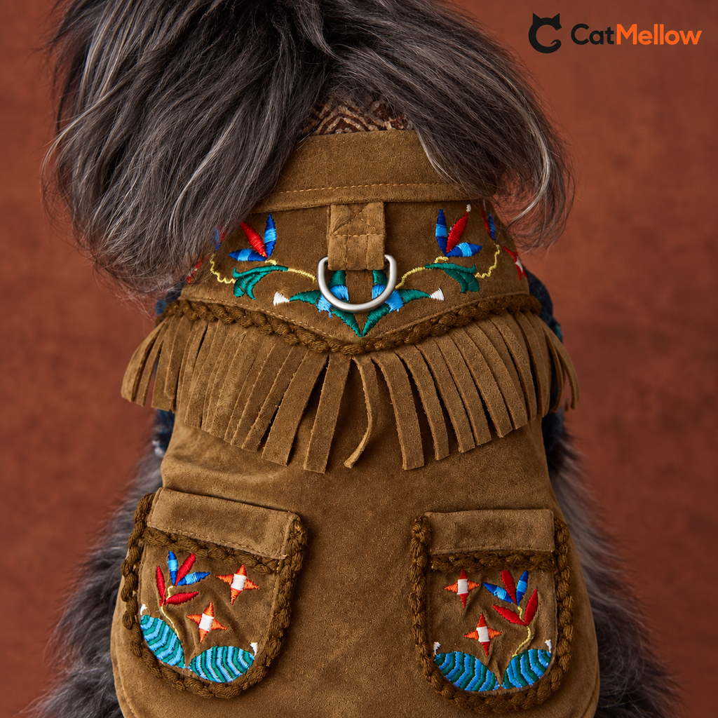Close-up of embroidery fringe and D ring on the brown dog vest