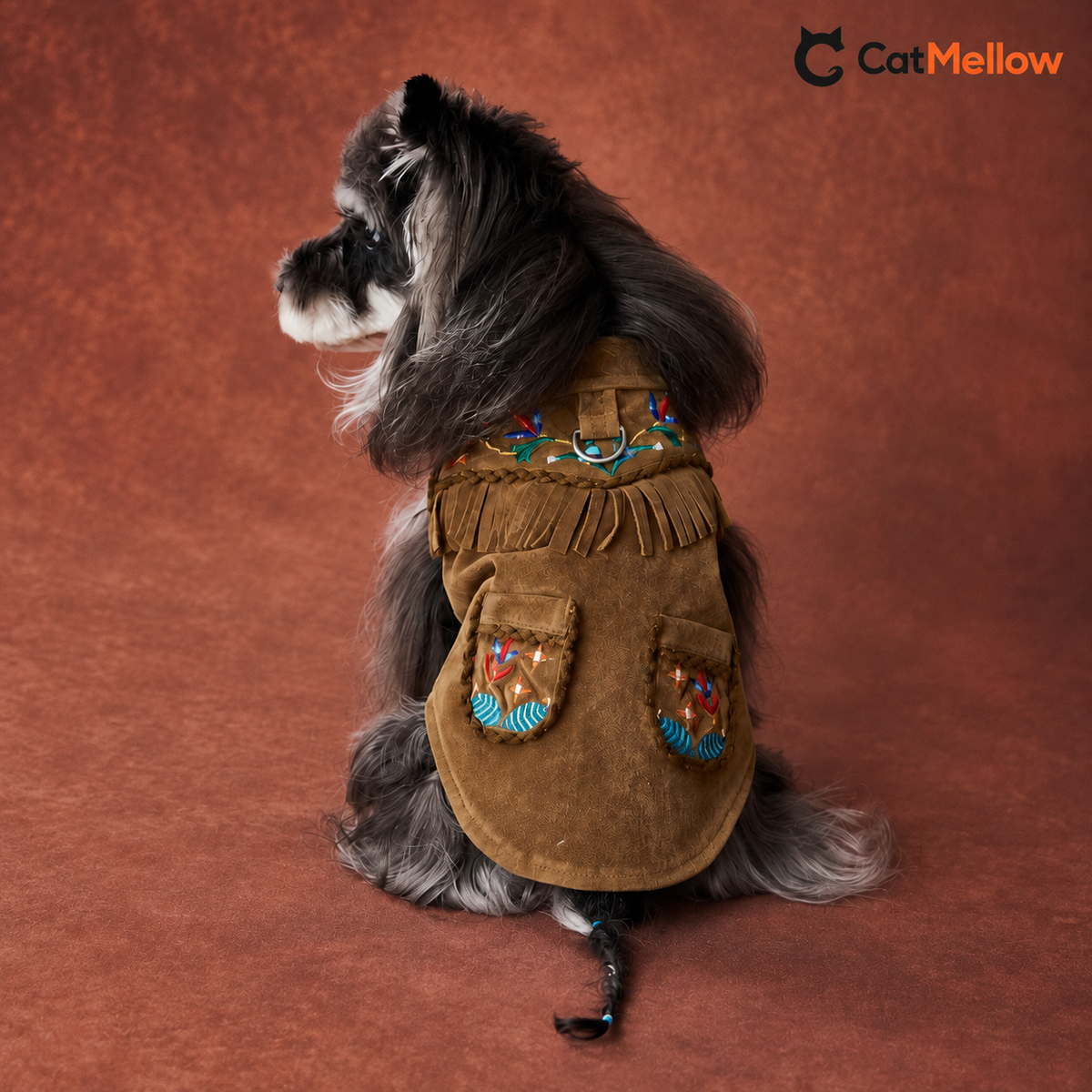Seated side-back view of a dog wearing the brown fringe embroidered vest