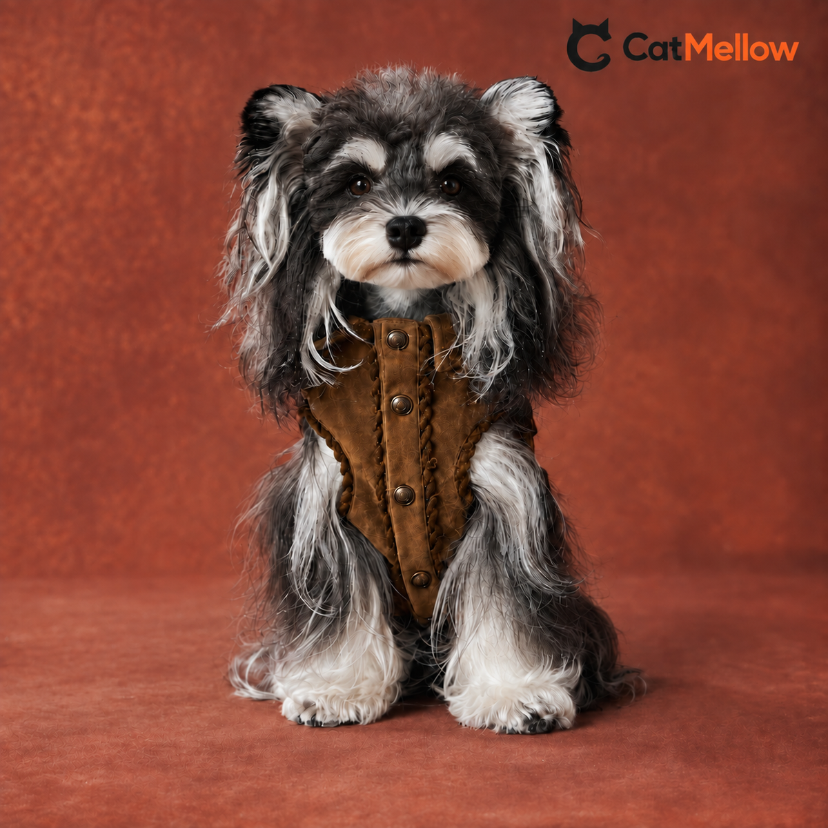 Front view of a dog with a relaxed closed mouth wearing a brown suede fringe embroidered vest