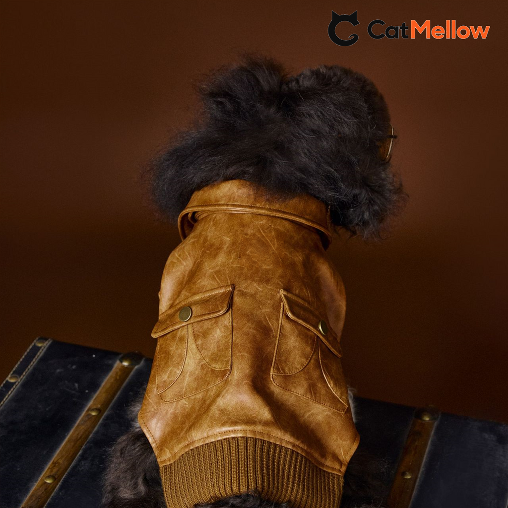 Back view of brown dog jacket with two flap pockets and ribbed hem