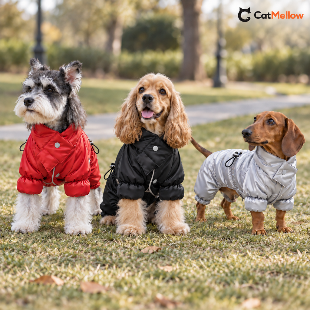 Three dogs wearing red black and silver four-leg padded snowsuits in a park