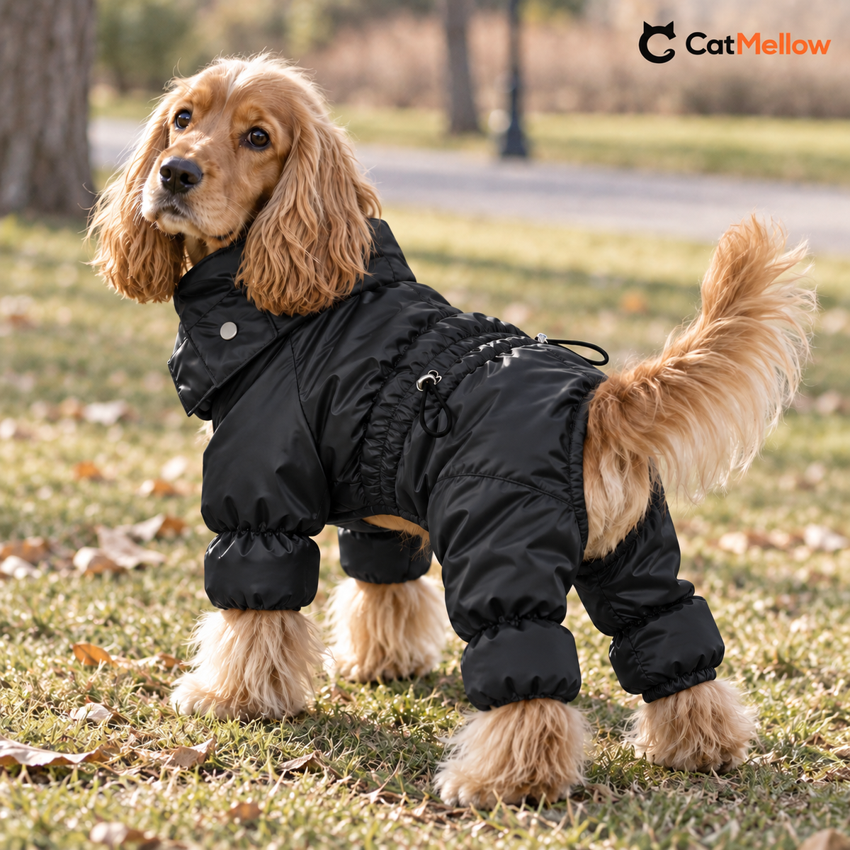 Cocker spaniel wearing a black four-leg padded dog snowsuit