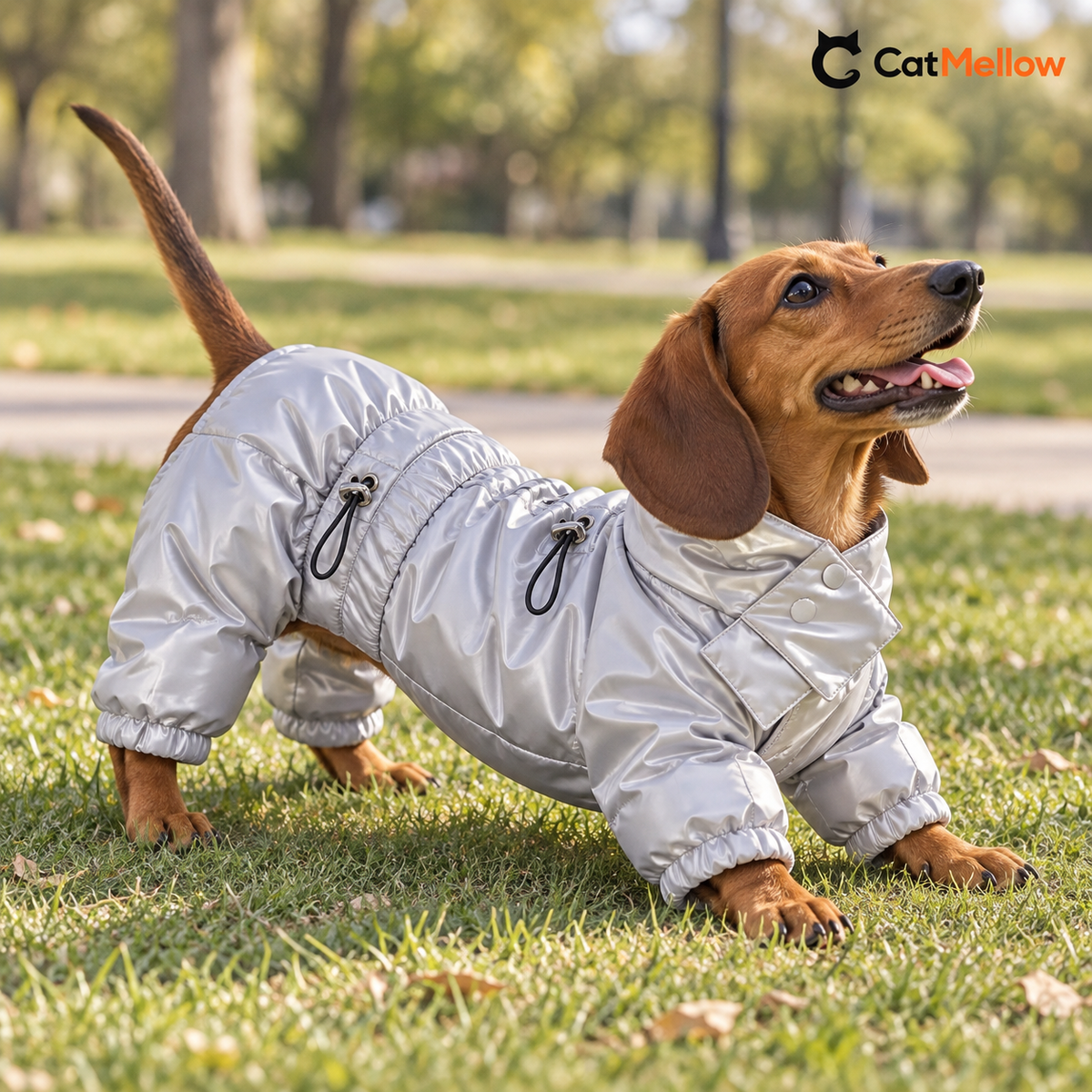 Dachshund playing in a silver four-leg padded dog snowsuit