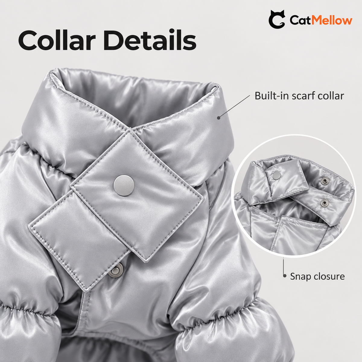 Built-in scarf collar and snap closure details