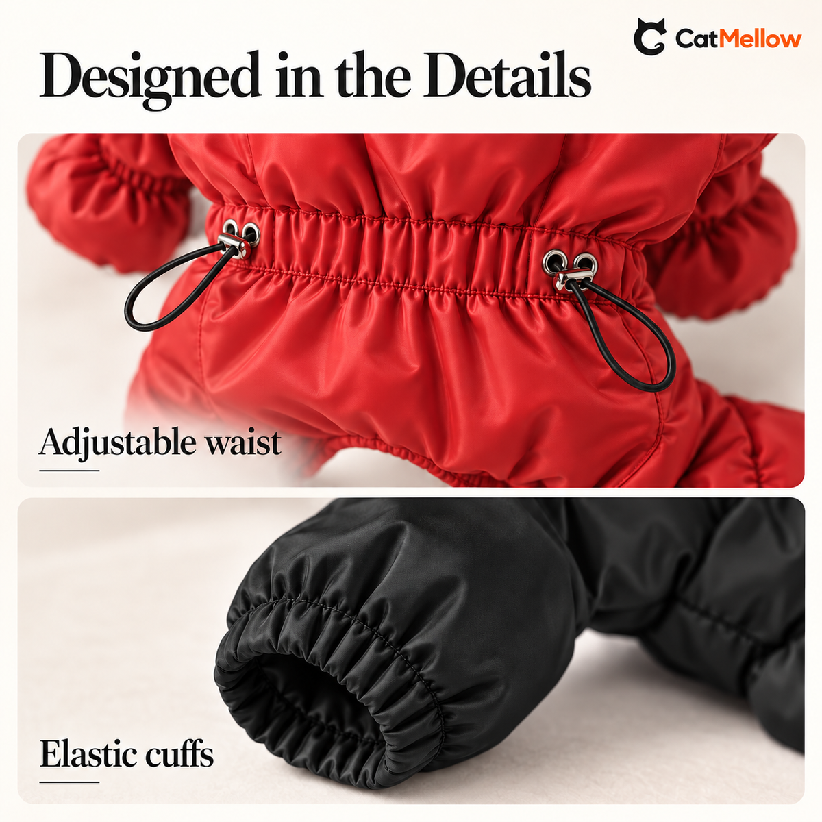 Adjustable waist and elastic cuff details